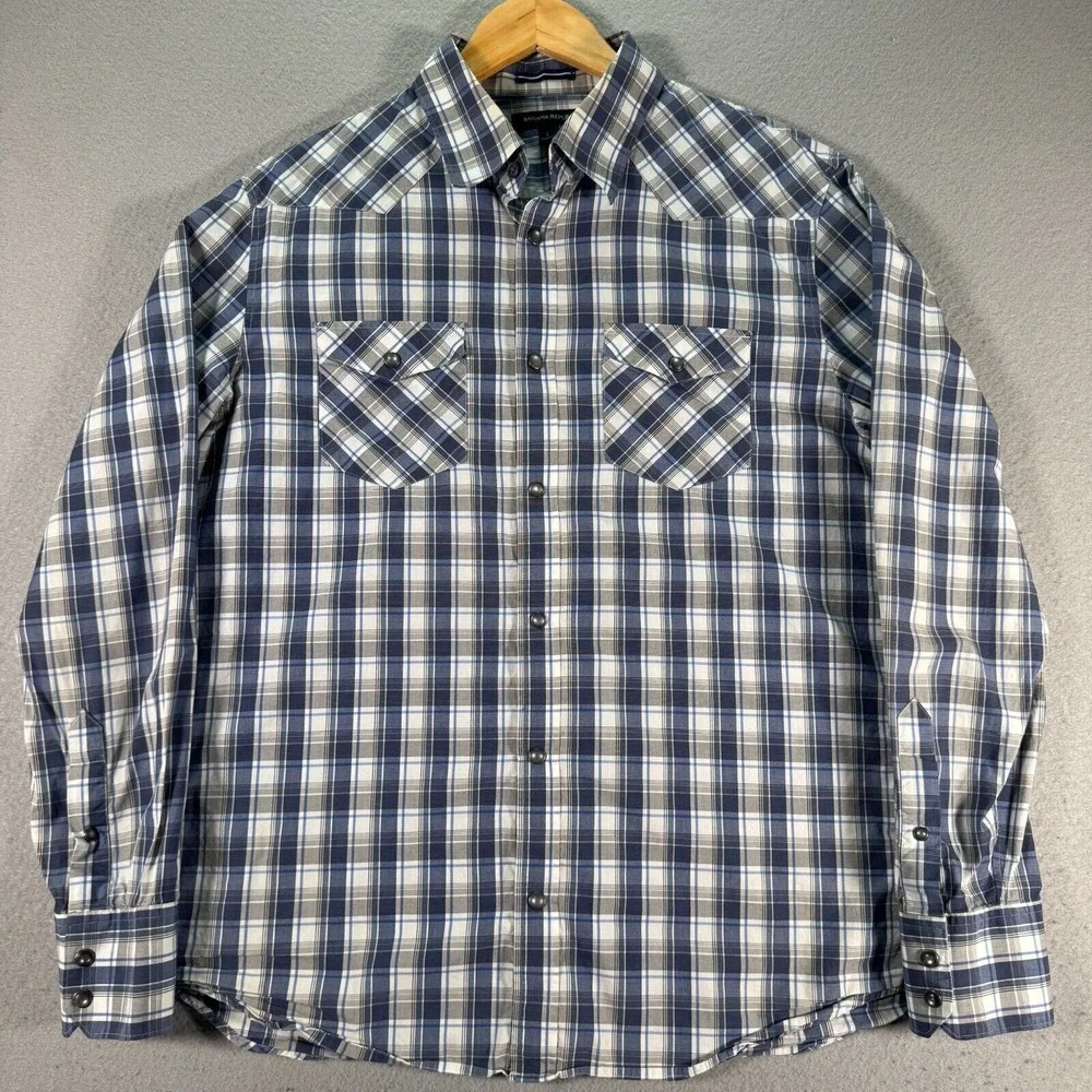 Banana Republic Pearl Snap Shirt‎ Mens Large Blue Plaid Flap Pockets Comfort
